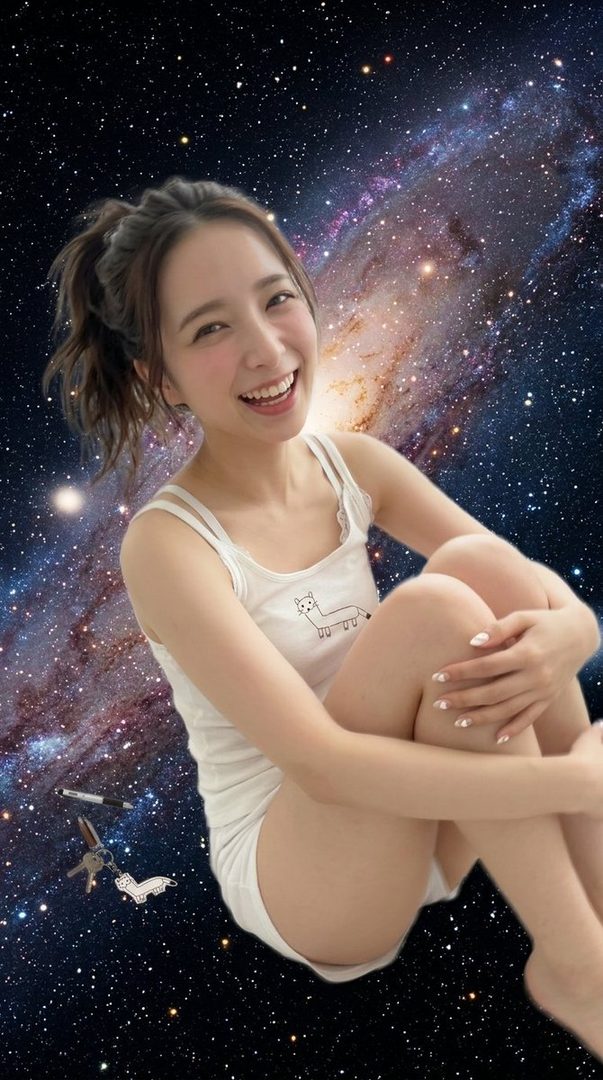 A young East Asian woman with a ponytail smiles brightly, sitting in a white tank top and shorts against a backdrop of a starry galaxy.