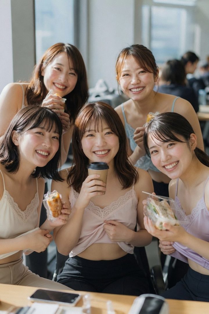 Five young East Asian women in casual indoor attire, smiling and holding snacks and drinks, appearing to be in an office break room.