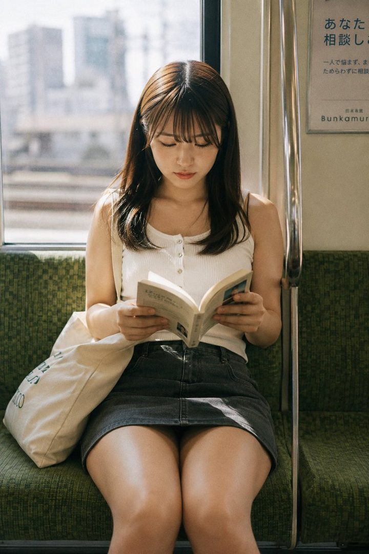 A young woman with long brown hair sits on a train, reading a book and looking down.