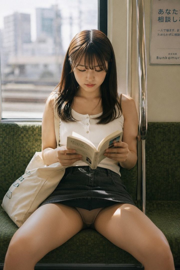 A young woman with long brown hair sits on a train, reading a book. She is wearing a white tank top and a dark skirt, with a canvas tote bag beside her.