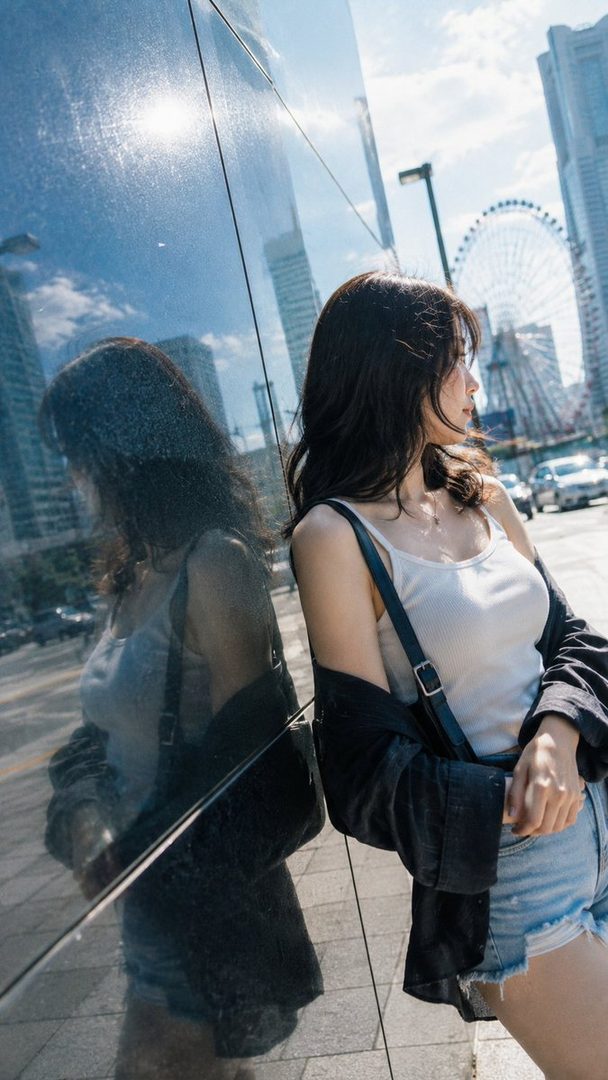 A young woman with long dark hair leans against a reflective building in a city, with a Ferris wheel visible in the background.