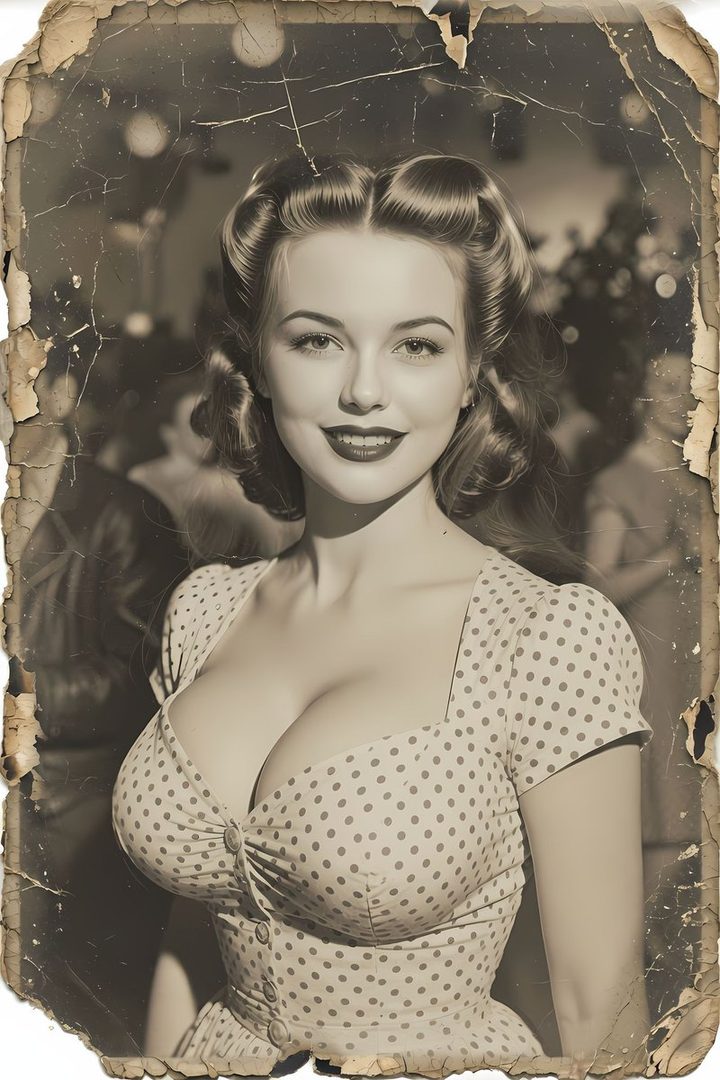 A vintage-style portrait of a woman with blonde hair styled in victory rolls, wearing a polka dot dress, with a playful smile.