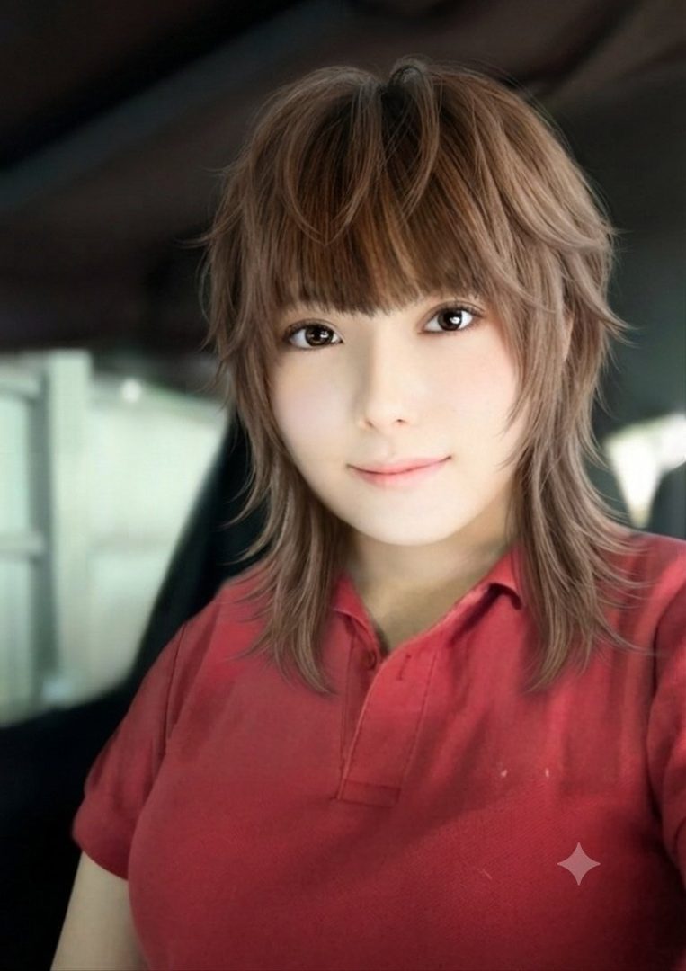 A young East Asian woman with brown hair and bangs, wearing a red polo shirt, smiles gently at the camera in a selfie taken indoors.