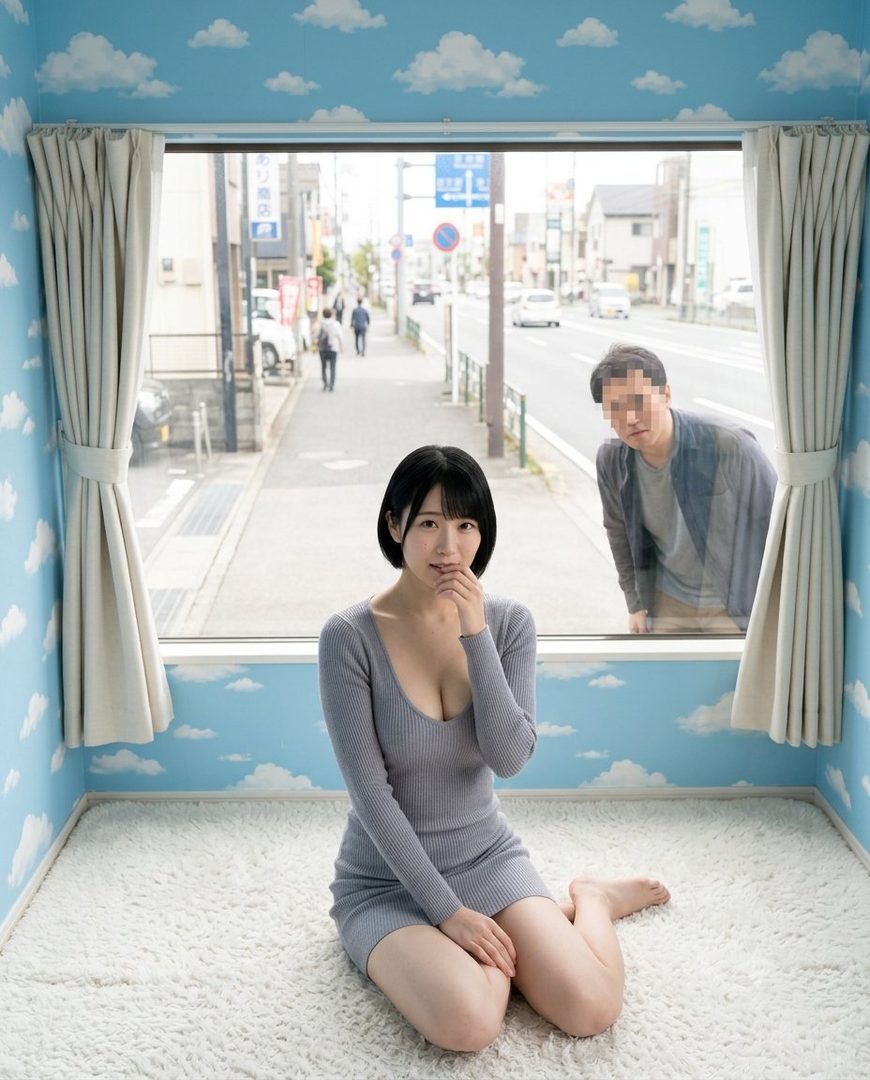 A young woman in a grey knit dress poses indoors with a window showing a street scene, while a man looks in from outside.
