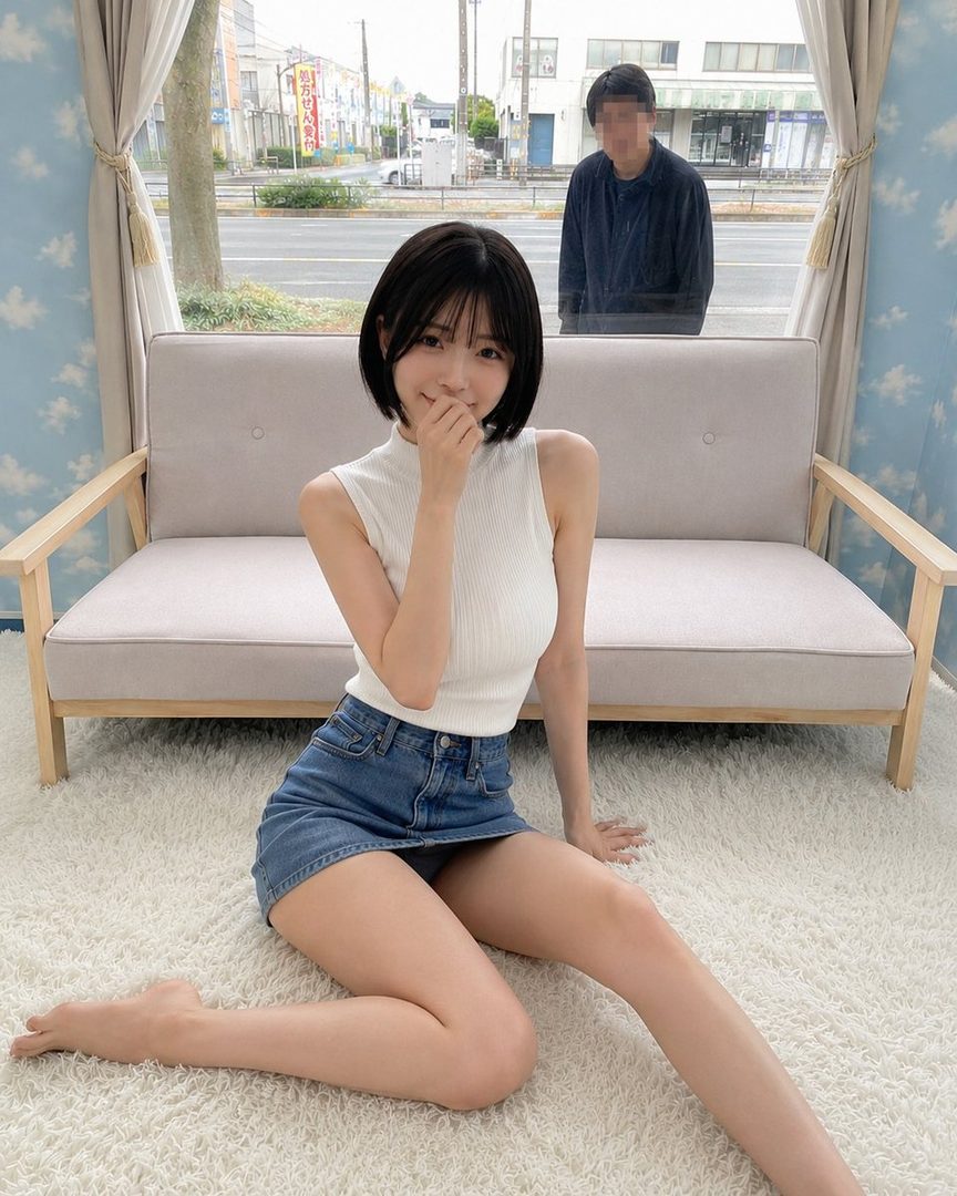 A young East Asian woman with short black hair, wearing a white sleeveless top and a denim mini skirt, sits on a fluffy white rug in front of a couch. Another person is visible blurred in the background through a window.