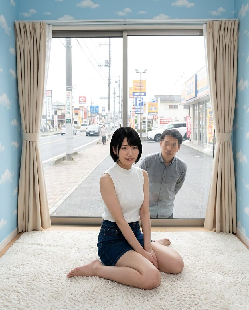 A young woman with short black hair and a white top and denim skirt kneels on a fluffy rug in front of a large window, with a man blurred in the background.