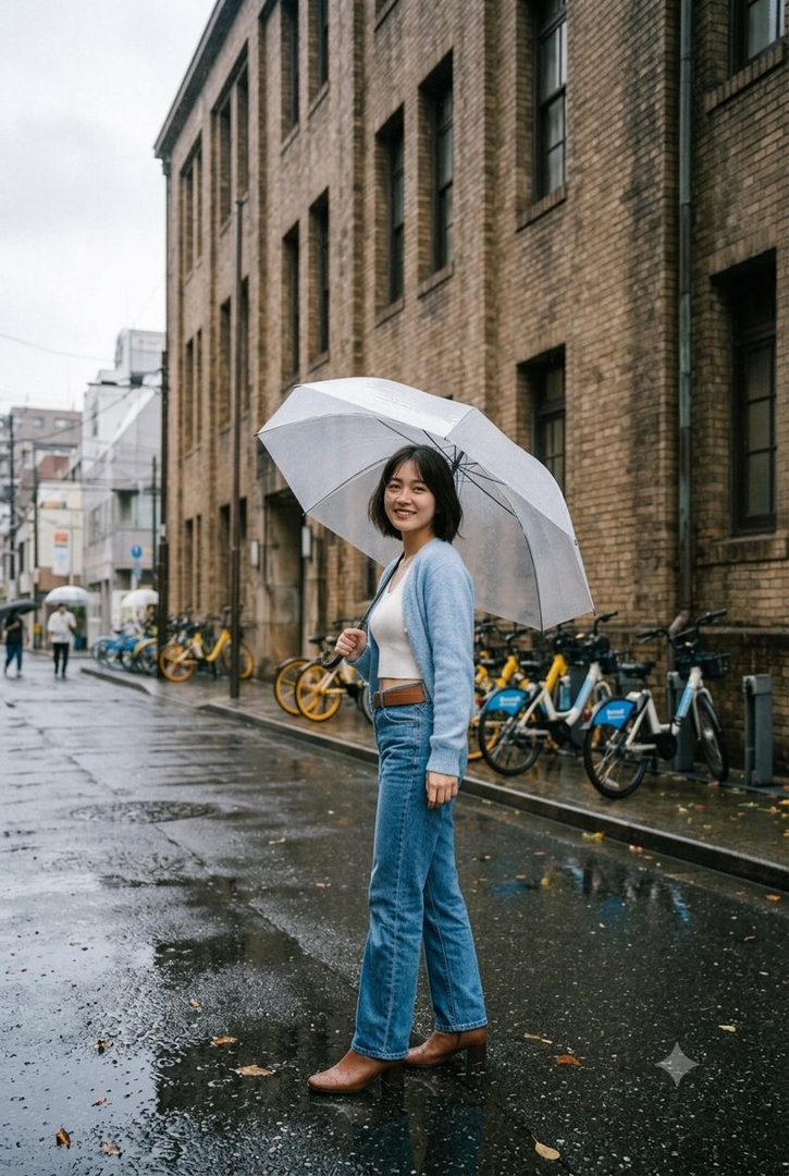 A young East Asian woman holding a clear umbrella stands on a wet city street, wearing a light blue cardigan over a white top and blue jeans.