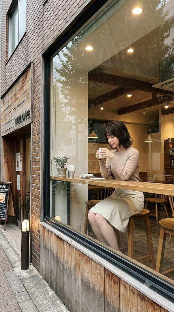 A young woman with short black hair sits at a cafe counter, holding a white mug and looking down.