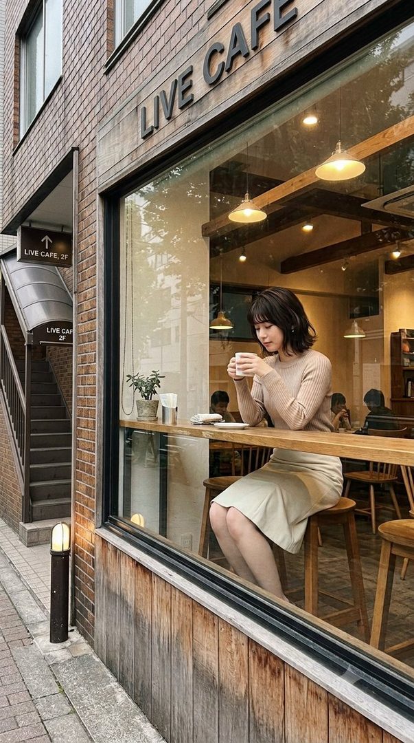 A young woman with short black hair sits at a counter in a cafe, holding a white mug and looking down.
