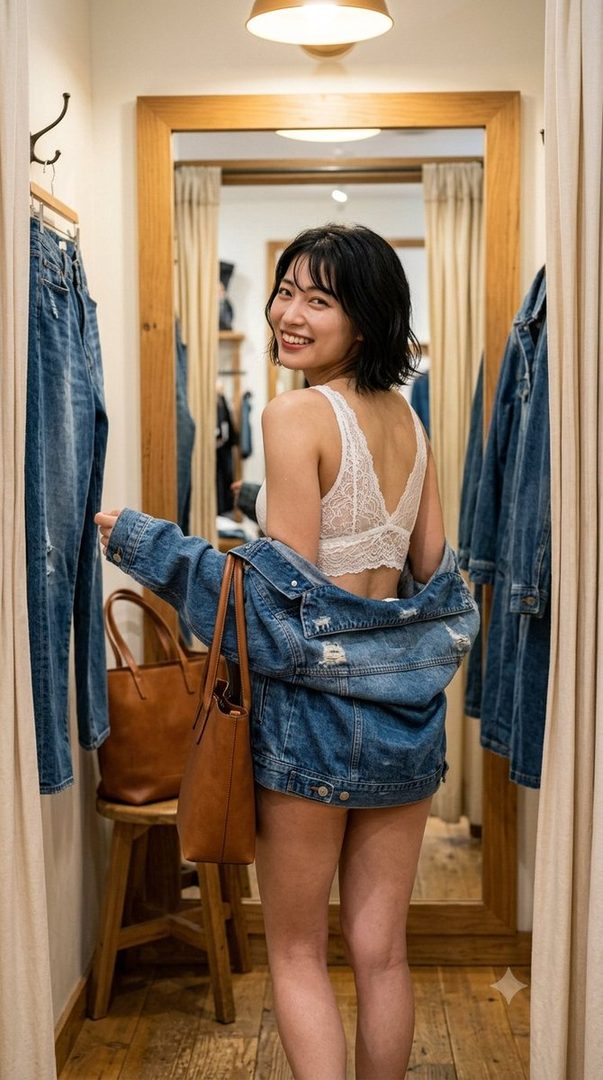 A smiling young woman in a white lace bralette and an open denim jacket poses in a fitting room, looking over her shoulder.