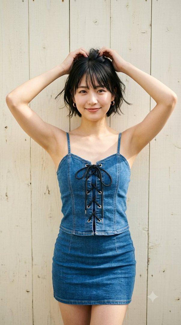 A young Japanese woman with short black hair and bangs, wearing a denim corset top and a denim skirt, poses outdoors with her hands in her hair.