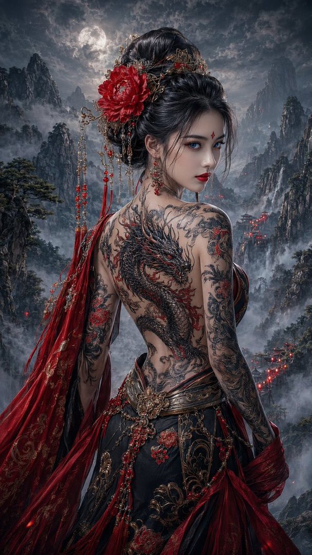 A woman with intricate dragon tattoos covering her back and arms, wearing a traditional red and black outfit, stands against a backdrop of misty mountains under moonlight.