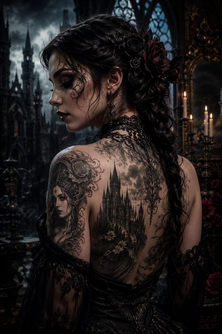 A woman with intricate gothic tattoos covering her back, adorned with dark roses in her hair, posing in a dimly lit, ornate room with gothic architecture in the background.