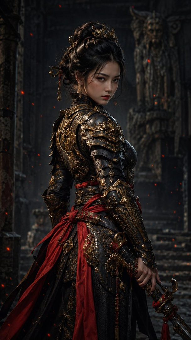 A photorealistic portrait of an East Asian woman in ornate black and gold armor with red accents, holding a sword in ancient ruins.
