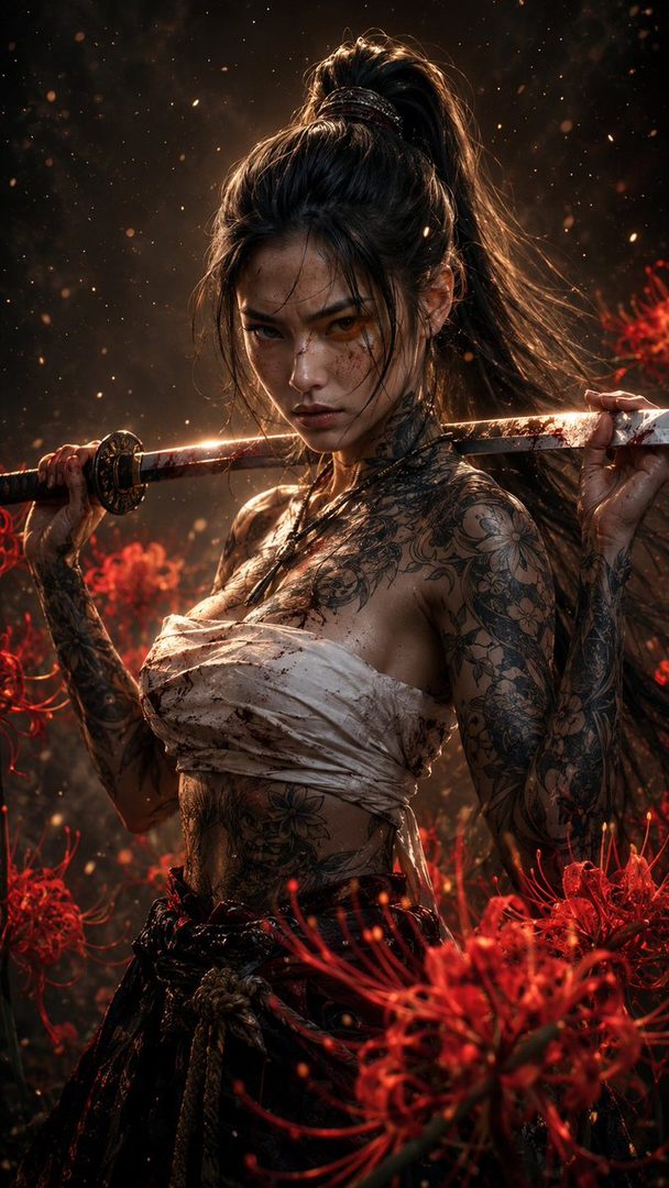 A tattooed woman with a ponytail holds a sword, surrounded by red spider lilies and embers.