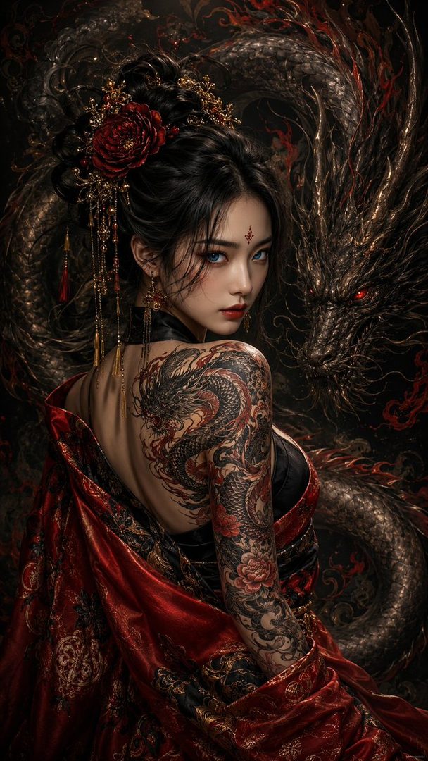 A woman with intricate dragon tattoos on her back and arm, adorned with traditional East Asian hair ornaments, poses elegantly with a dragon in the background.