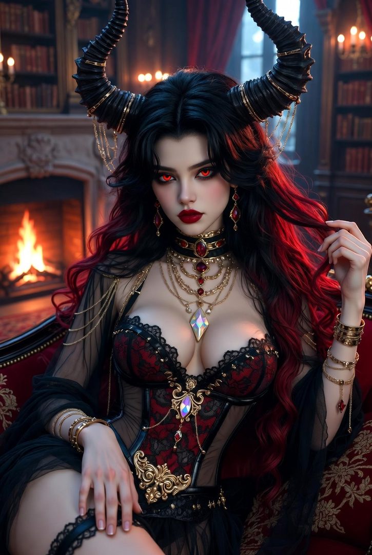 A seductive AI-generated demon queen with long black and red hair, glowing red eyes, and majestic horns, wearing a revealing black and red corset, posing indoors by a fireplace.