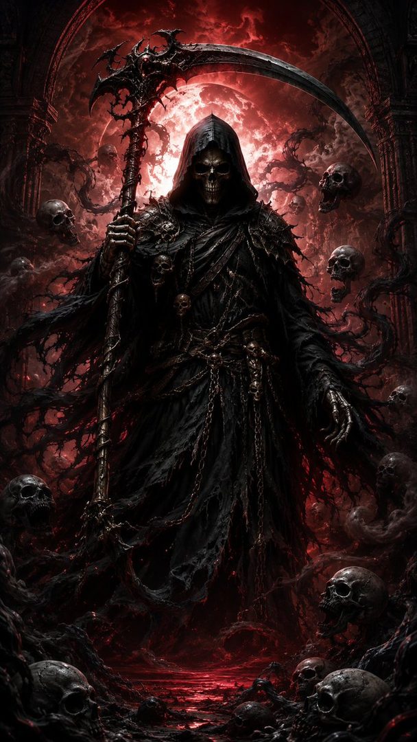 A photorealistic portrait of the Grim Reaper holding a scythe, surrounded by skulls and a blood moon in a dark, hellish atmosphere.