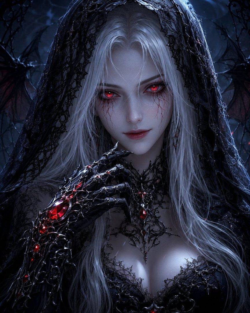A gothic portrait of a woman with long white hair, glowing red eyes, and intricate black lace attire, set against a dark, moonlit background.