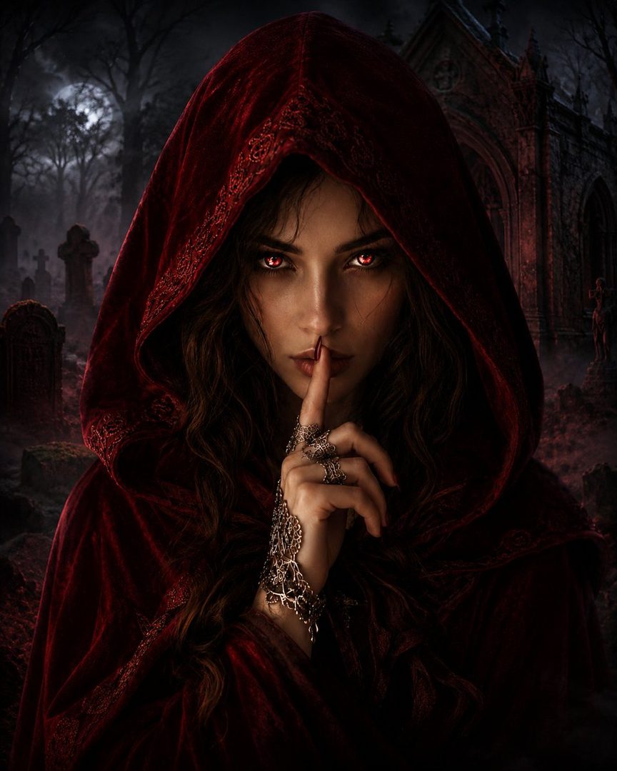A mysterious woman with glowing red eyes and a red hooded cloak stands in a dark, foggy graveyard at night, holding a finger to her lips.