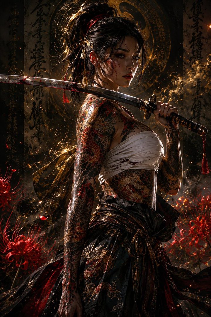 A tattooed East Asian woman with her hair in a ponytail holds a katana, dressed in traditional Japanese attire, with a dark, elegant, and determined aura.