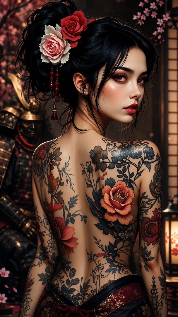 A woman with intricate floral tattoos covering her back and arms, adorned with flowers in her hair, posing in front of samurai armor.