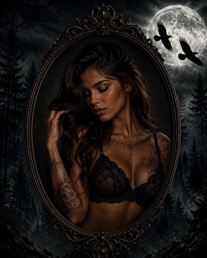A sensual gothic portrait of a woman with long dark hair, wearing black lace lingerie, framed by an ornate oval mirror against a dark forest and full moon background.
