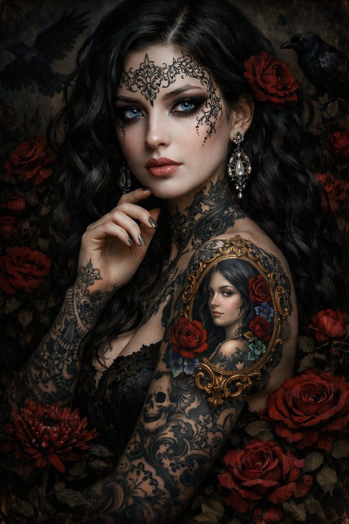 A gothic portrait of a woman with black hair, intricate black lace tattoos, and blue eyes, surrounded by red roses and ravens.