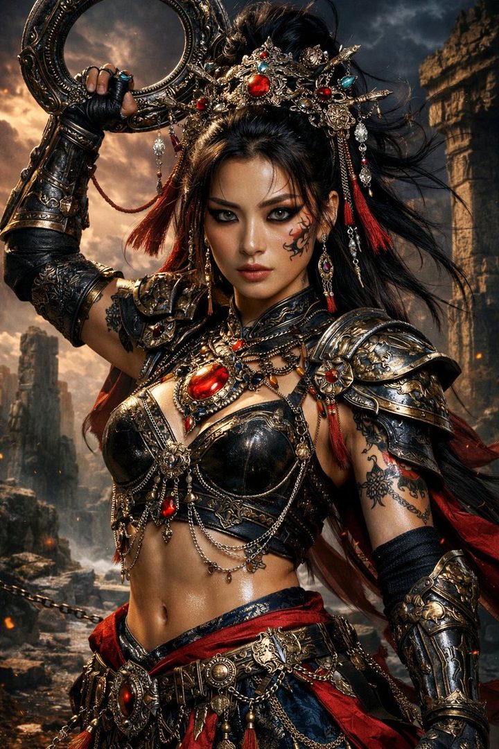 A photorealistic portrait of a powerful East Asian female warrior in ornate black and gold armor, adorned with crimson jewels, holding a weapon, set against a backdrop of ancient ruins under a stormy sky.