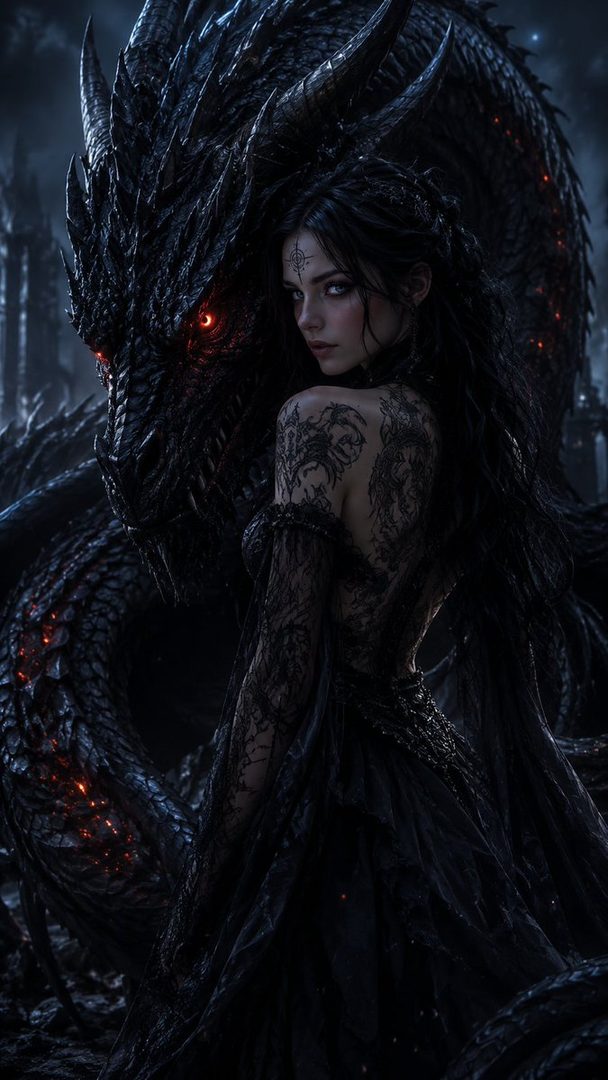 A dark fantasy portrait of a woman with intricate tattoos standing next to a large black dragon with glowing red eyes.