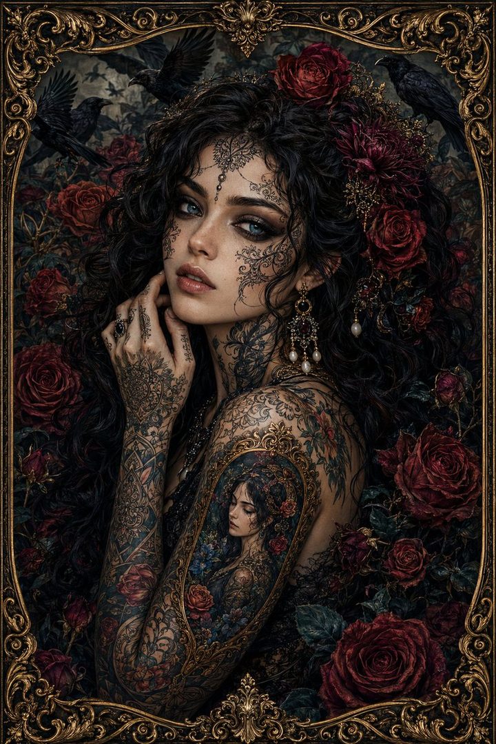 A highly detailed, photorealistic portrait of a woman with intricate black tattoos covering her arms and face, surrounded by dark red roses and black ravens, set within an ornate gothic frame.