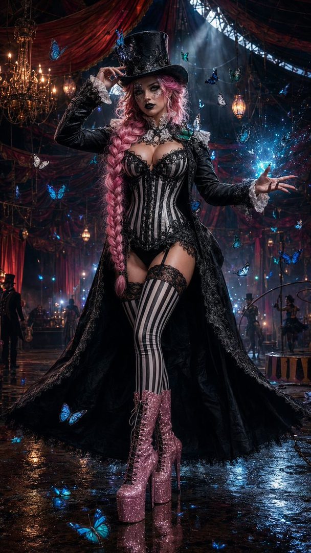 A woman in a gothic circus performer outfit with pink braided hair and a top hat, surrounded by butterflies.