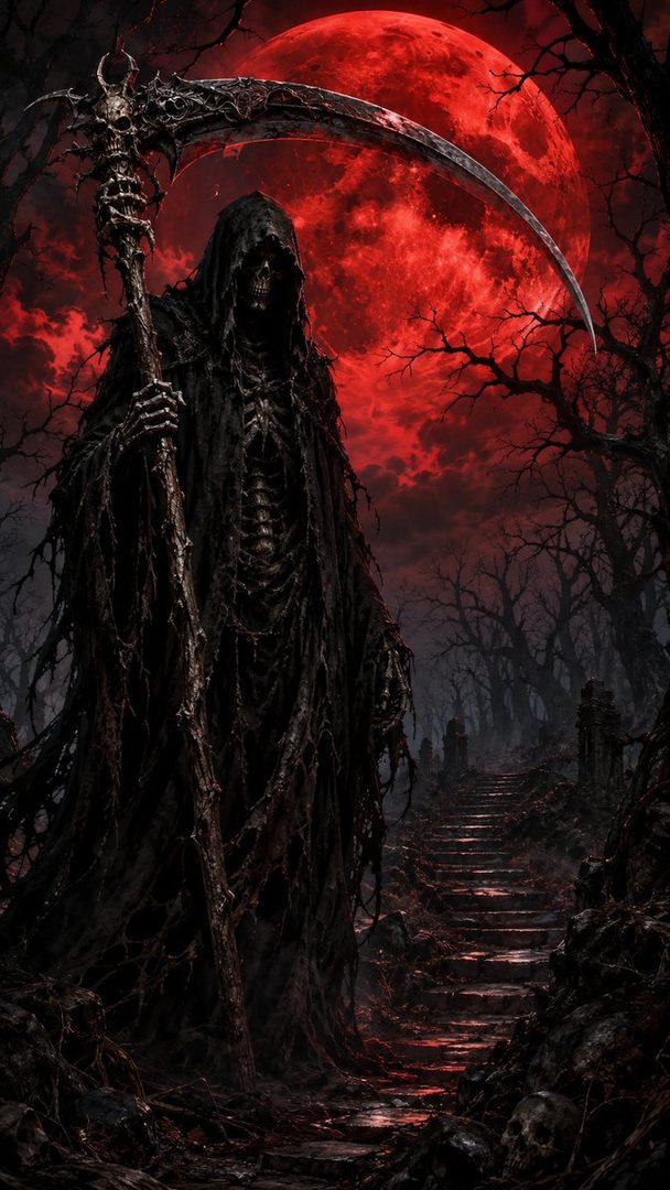 The Grim Reaper stands on dark, ominous steps under a large, blood-red moon, surrounded by dead trees and fog, evoking a gothic and dark fantasy atmosphere.