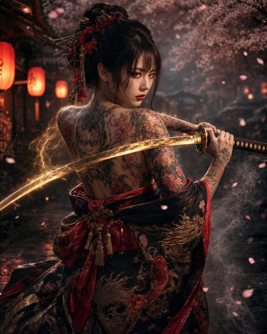 A tattooed woman in a traditional Japanese kimono holds a glowing katana, with cherry blossoms and lanterns in the background.