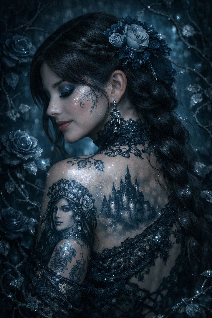 A woman with dark hair styled in a braid, adorned with a floral hairpiece and intricate lace, poses elegantly with a gothic-inspired castle tattoo on her back.