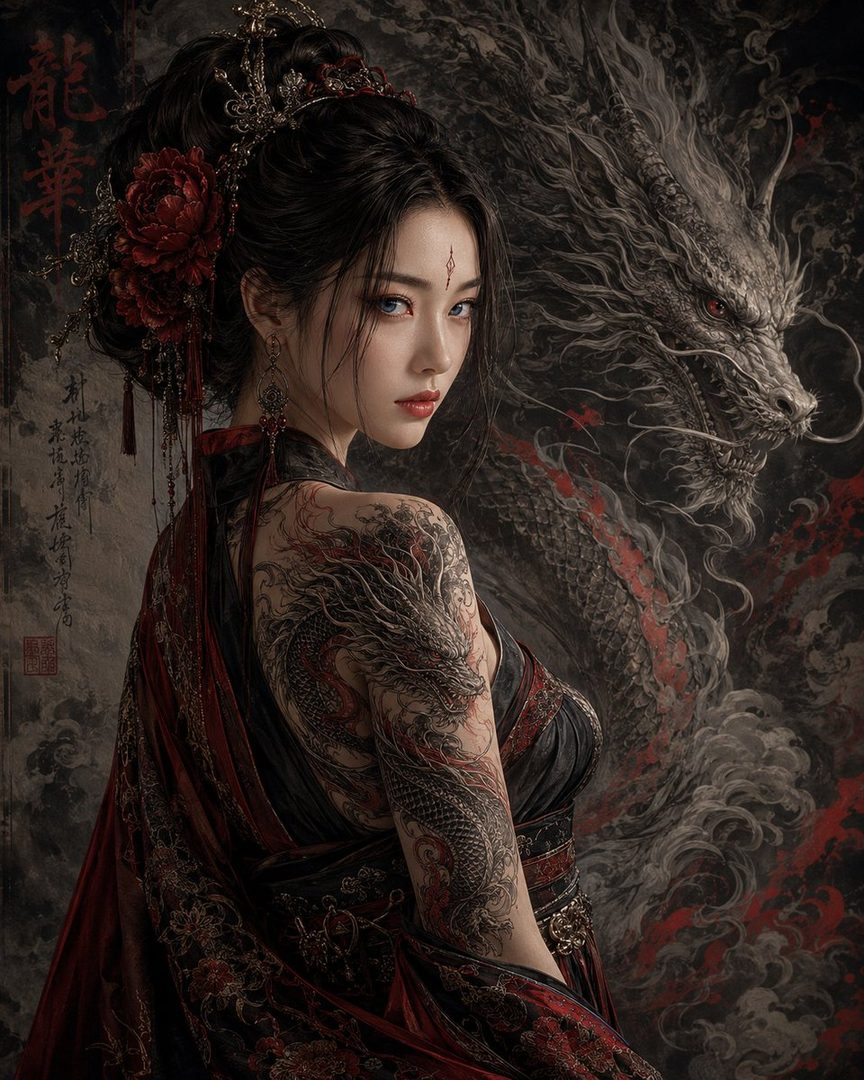 A photorealistic portrait of an East Asian woman with a dragon tattoo on her arm, adorned with red flowers and traditional attire, with a dragon motif in the background.