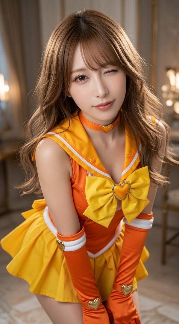 A young woman with long brown hair winks, wearing a yellow and orange sailor-style outfit with a large bow and heart accents.