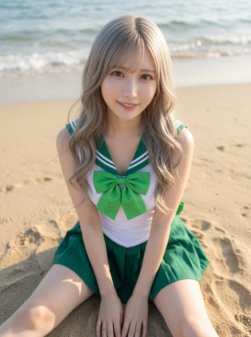 A young woman with long blonde hair wearing a sailor-style outfit with a green skirt and white top with a green bow, sitting on a sandy beach with the ocean in the background.