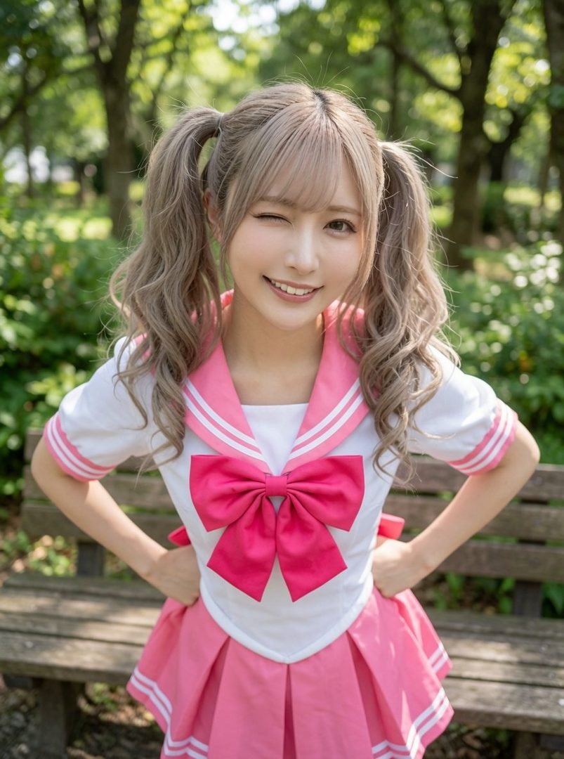 A young Japanese woman with blonde pigtails winks playfully while wearing a pink and white sailor-style uniform with a large pink bow.