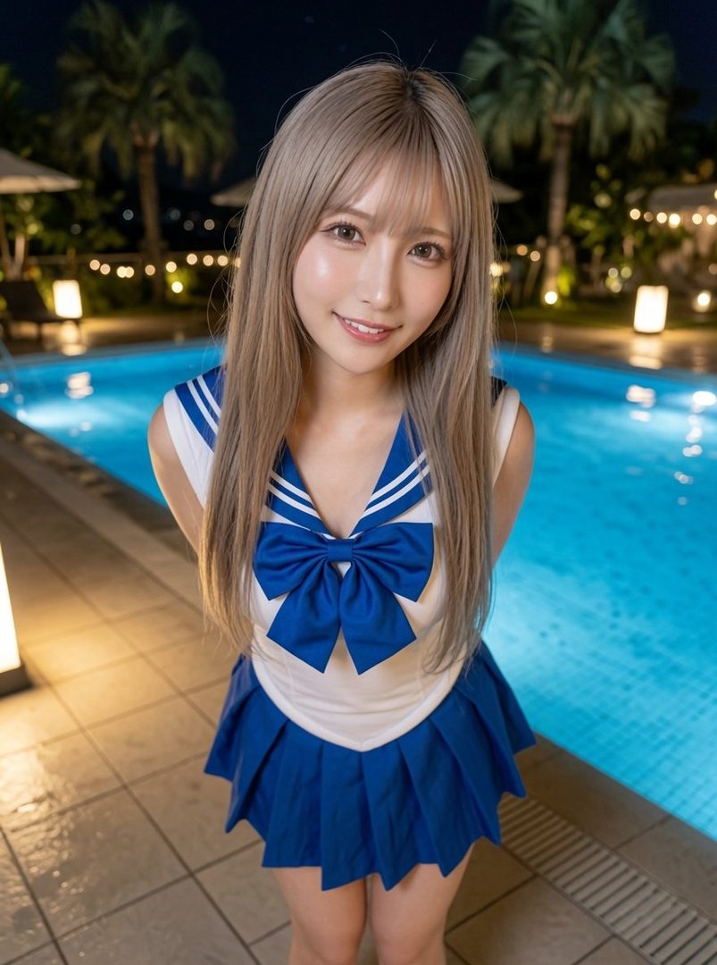 A young woman with long blonde hair smiles at the camera, wearing a sailor-style uniform with a blue skirt and white top, standing by a swimming pool at night.
