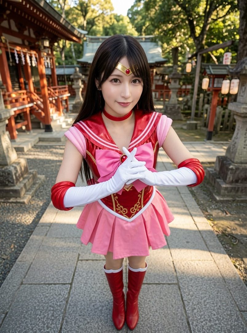 A young woman in a pink and red Sailor Moon-inspired costume poses in front of a Japanese shrine.