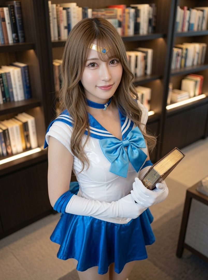 A young woman in a Sailor Moon costume, holding a book, poses in front of a bookshelf.