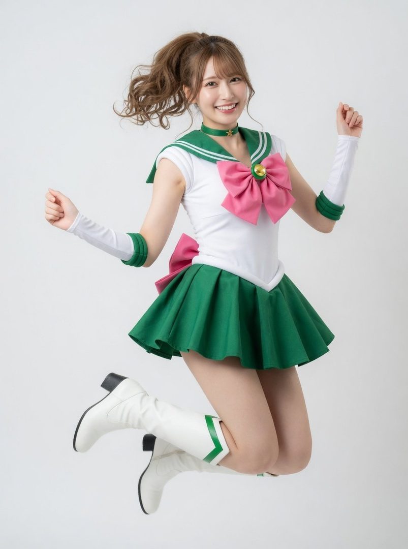A young woman in a Sailor Moon costume jumps in the air against a white background.