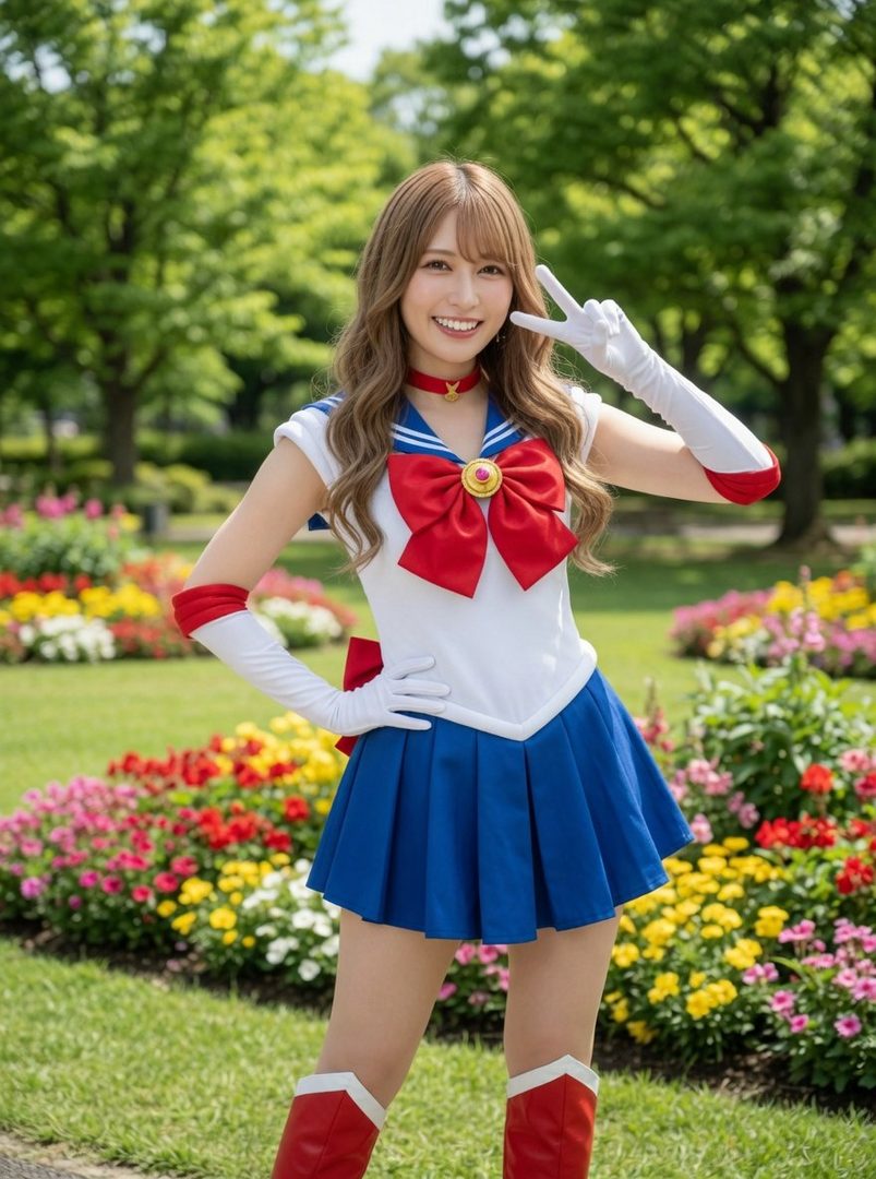 A young Japanese woman in a Sailor Moon costume poses in a park with flowers.