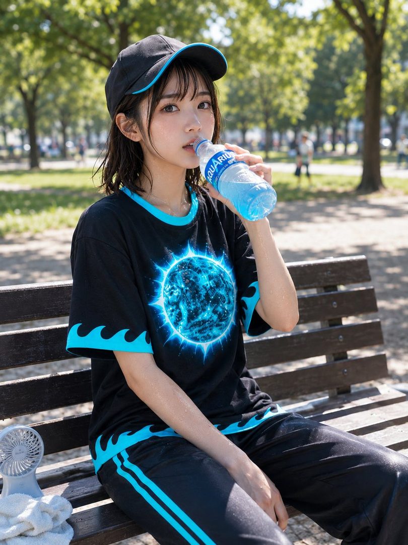 A young woman with short black hair and bangs, wearing a black t-shirt with a blue sun graphic and a black baseball cap, drinks from a bottle of water while sitting on a park bench.