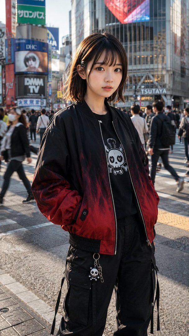 A young woman with short black hair and bangs, wearing a black bomber jacket with red flame accents and black cargo pants, stands in a busy city street with large billboards in the background.