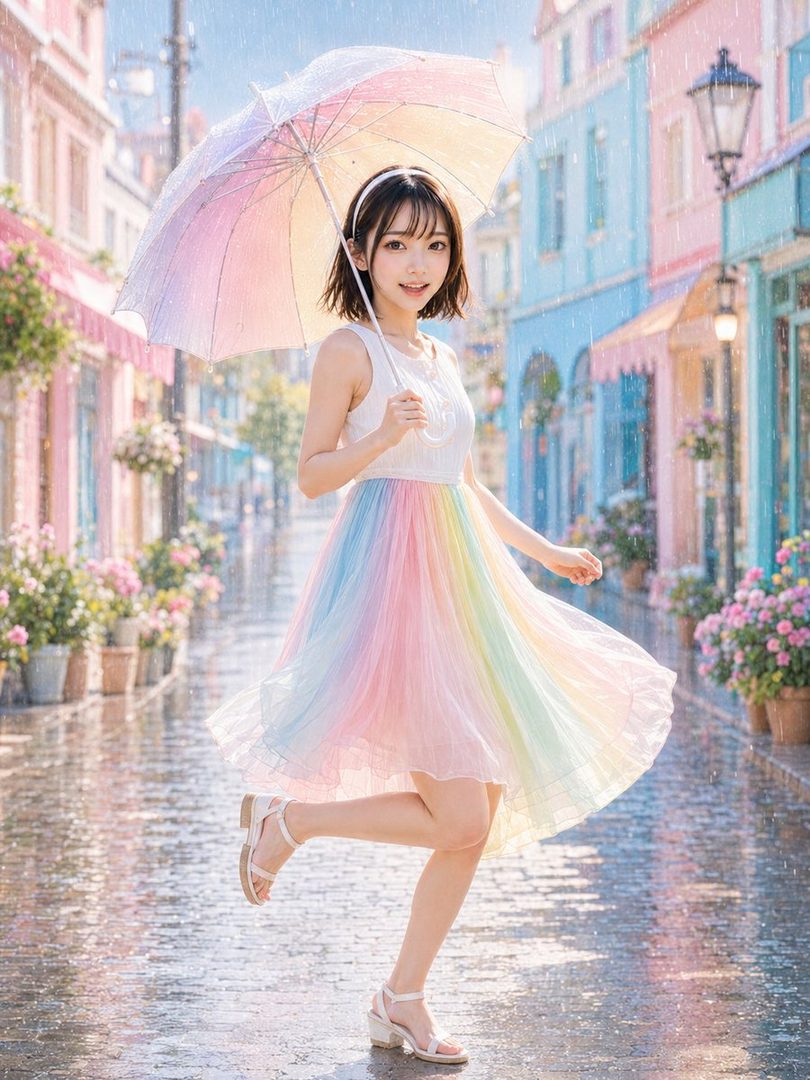 A young woman with short black hair holds a colorful umbrella while standing on a wet street with pastel buildings in the background.