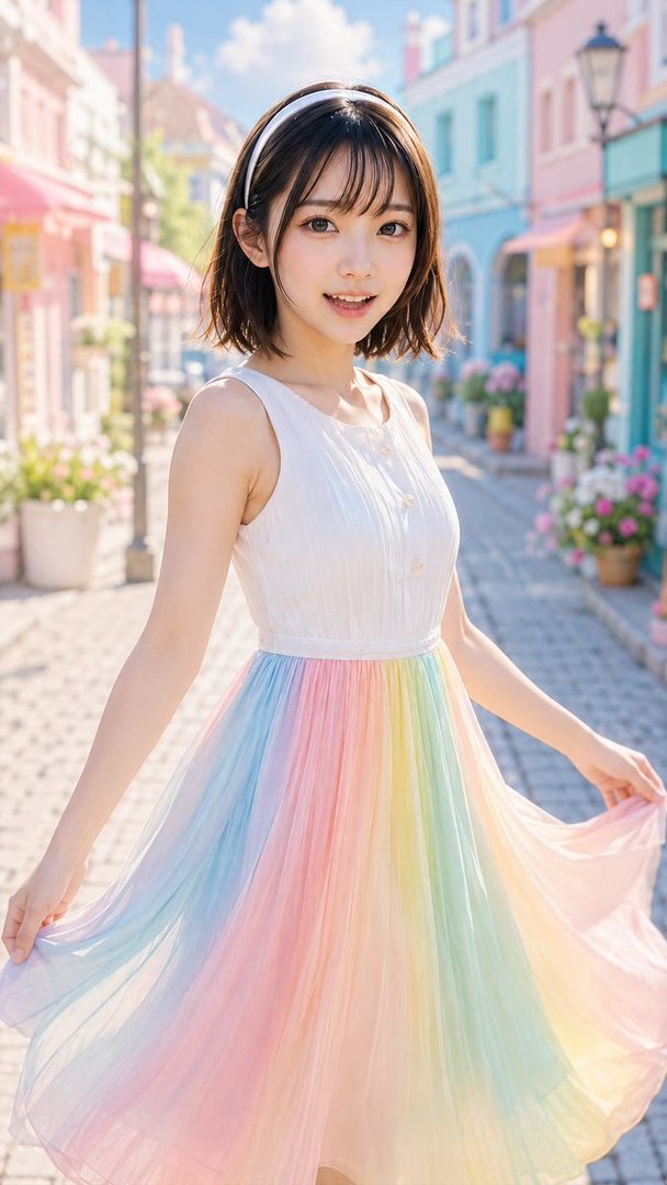 A young woman with short brown hair and a white sleeveless top, wearing a flowing rainbow-colored dress, smiles at the camera while standing on a cobblestone street lined with colorful buildings.