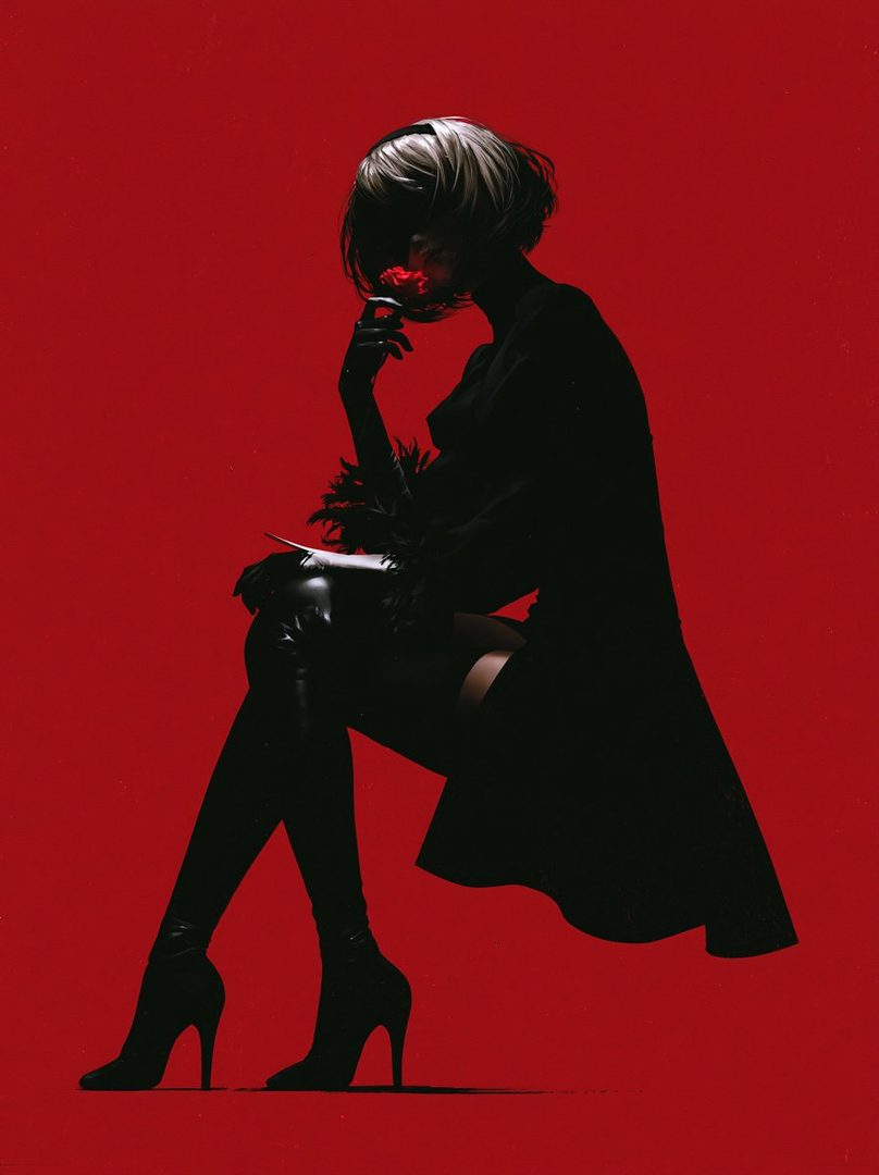 A silhouette of a woman with short dark hair, wearing a long coat and thigh-high boots, holding a red rose to her face against a vibrant red background.