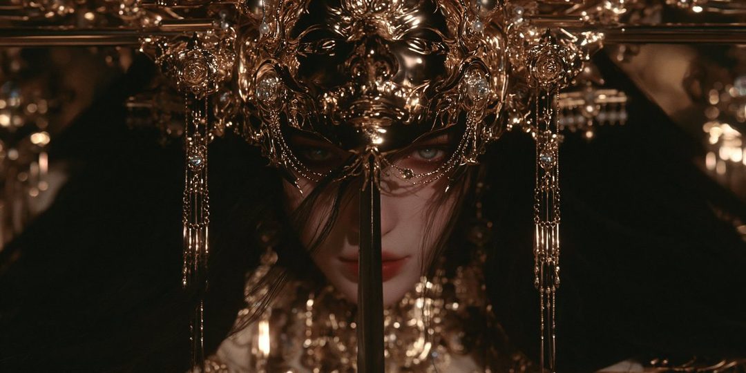 A close-up portrait of a person wearing an ornate golden mask and headdress, with a sword blade visible in the foreground.
